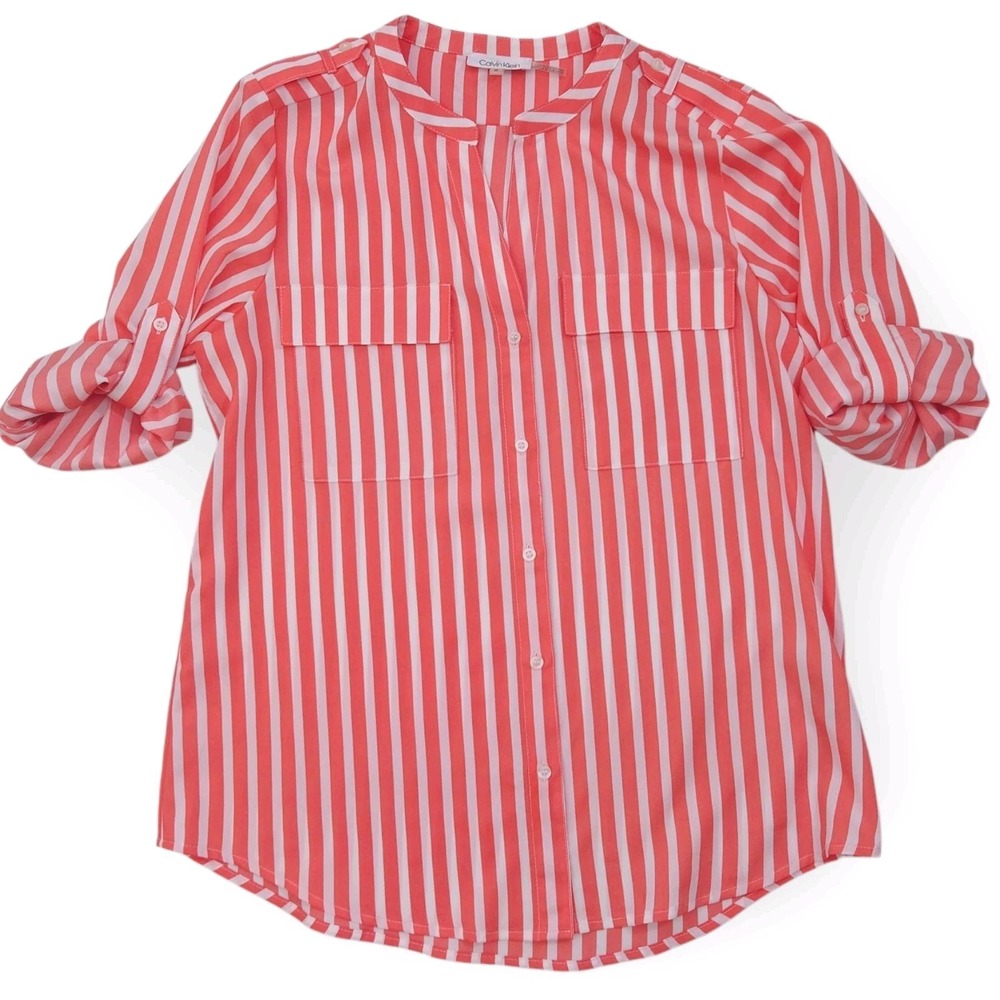 Calvin Klein Blouse Women's M Vertical Striped Peach Red Roll Sleeve Button Up